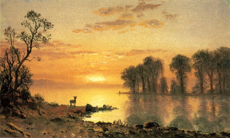 Albert Bierstadt Oil Painting Sunset, Deer, and River